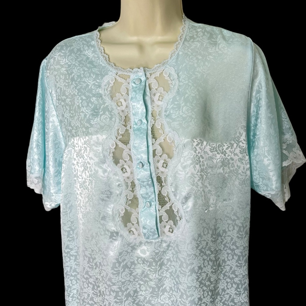 BARBIZON VTG Blue Satin Damask Nightgown Sleep Shirt Lingerie with Lace